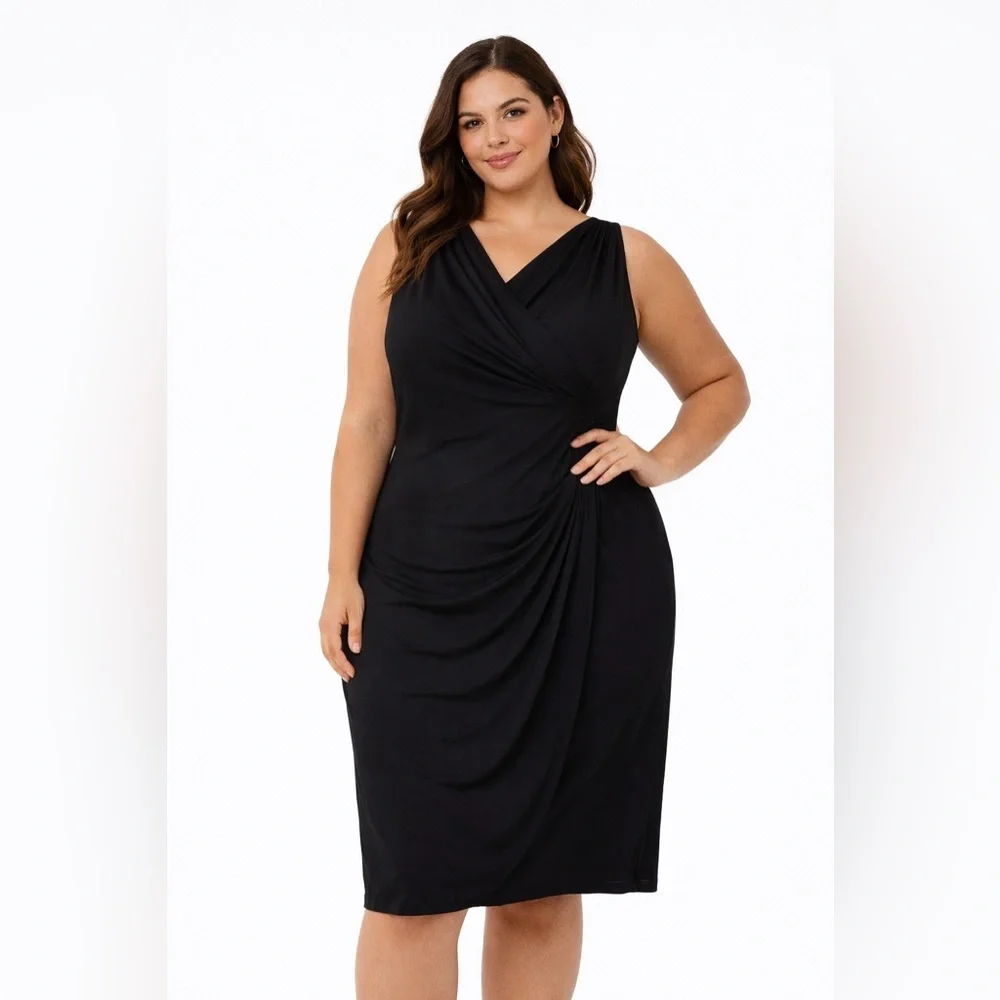 Lauren Ralph Lauren‎ Black Sleeveless Faux Wrap Dress With Ruching Size 16W